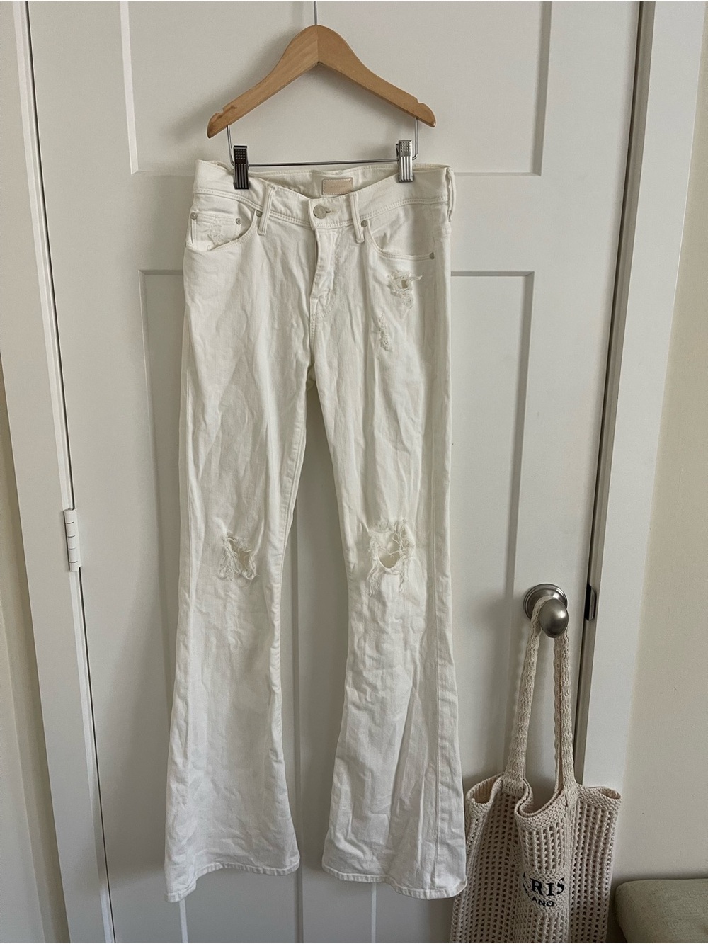 MOTHER White Distressed Flare Jeans